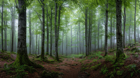A panoramic wide view of European beech forest growing closely together under light drizzle soft...