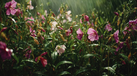 A panoramic wide view of Clarkia field growing closely together under light drizzle soft raindrops...