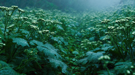 A panoramic wide view of Cineraria field growing closely together under light drizzle soft raindrops on leaves ultra realistic photography natural daylight cinematic wide composition lifelike natural sceneの写真素材