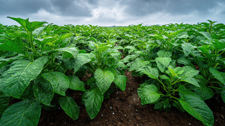 A panoramic wide view of Eggplant field growing closely together under light drizzle soft raindrops...