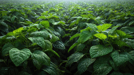 A panoramic wide view of Green bean field growing closely together under light drizzle soft...