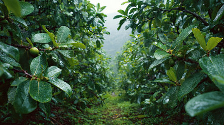 A panoramic wide view of Feijoa field growing closely together under light drizzle soft raindrops on leaves ultra realistic photography natural daylight cinematic wide composition lifelike natural sceneの写真素材