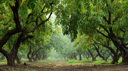 A panoramic wide view of Hog plum orchard growing closely together under light drizzle soft...