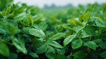 A panoramic wide view of Edamame field growing closely together under light drizzle soft raindrops...