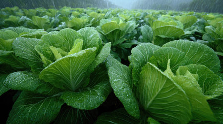 A panoramic wide view of Napa cabbage field growing closely together under light drizzle soft...
