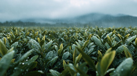A panoramic wide view of Gardenia field growing closely together under light drizzle soft raindrops...