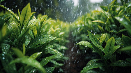 A panoramic wide view of Ginger field growing closely together under light drizzle soft raindrops on leaves ultra realistic photography natural daylight cinematic wide composition lifelike natural sceneの写真素材