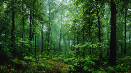 A panoramic wide view of Maple forest growing closely together under light drizzle soft raindrops on...