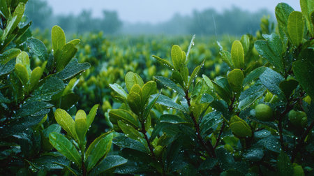 A panoramic wide view of Guava field growing closely together under light drizzle soft raindrops on...