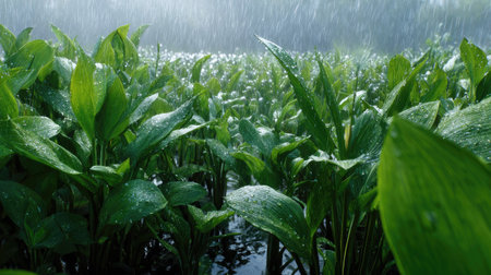 A panoramic wide view of Lily field growing closely together under light drizzle soft raindrops on leaves ultra realistic photography natural daylight cinematic wide composition lifelike natural sceneの写真素材