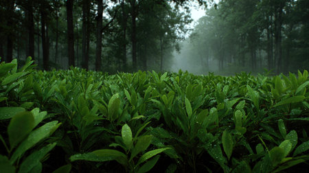 A panoramic wide view of Hickory field growing closely together under light drizzle soft raindrops...