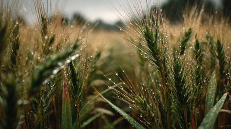 A panoramic wide view of Kamut field growing closely together under light drizzle soft raindrops on...