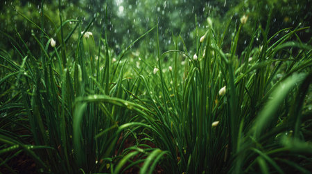 A panoramic wide view of Garlic chives garden growing closely together under light drizzle soft...