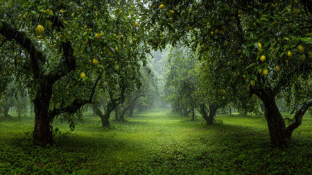 A panoramic wide view of Lime tree orchard growing closely together under light drizzle soft raindrops on leaves ultra realistic photography natural daylight cinematic wide composition lifelike natural sceneの写真素材