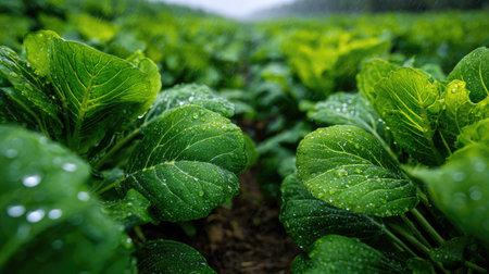 A panoramic wide view of Leaf mustard field growing closely together under light drizzle soft...