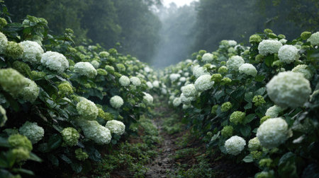 A panoramic wide view of Hydrangea field growing closely together under light drizzle soft raindrops...