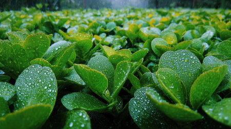 A panoramic wide view of Kalanchoe field growing closely together under light drizzle soft raindrops...
