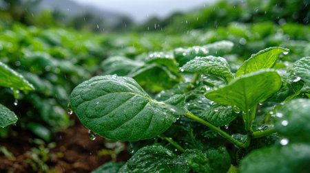 A panoramic wide view of Malabar spinach field growing closely together under light drizzle soft...