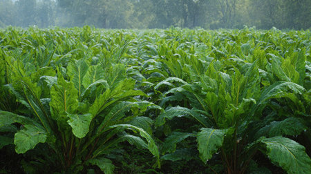 A panoramic wide view of Horseradish field growing closely together under light drizzle soft...