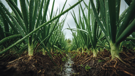 A panoramic wide view of Onion field growing closely together under light drizzle soft raindrops on...