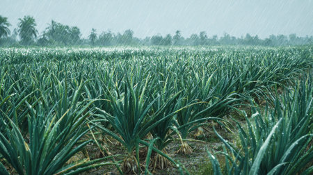 A panoramic wide view of garlic field growing closely together under light drizzle soft raindrops on leaves ultra realistic photography natural daylight cinematic wide composition lifelike natural sceneの写真素材