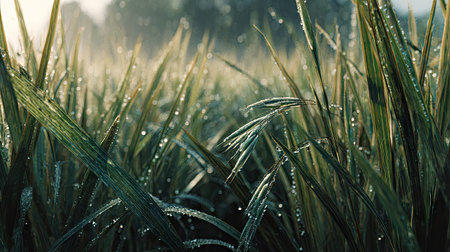 A panoramic wide view of Oats field growing closely together under light drizzle soft raindrops on...