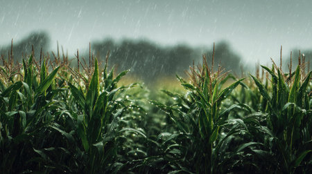 A panoramic wide view of maize field growing closely together under light drizzle soft raindrops on...