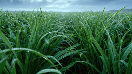 A panoramic wide view of Leek field growing closely together under light drizzle soft raindrops on...