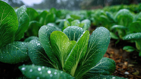 A panoramic wide view of Pak choi sum field growing closely together under light drizzle soft...