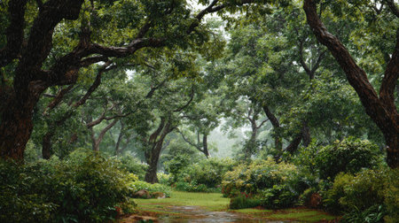 A panoramic wide view of Rosewood garden growing closely together under light drizzle soft raindrops...