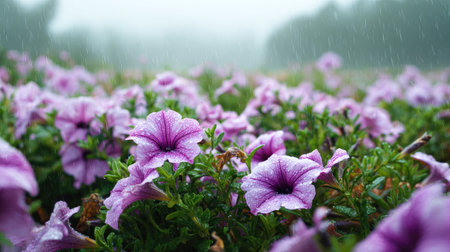 A panoramic wide view of Petunia field growing closely together under light drizzle soft raindrops on leaves ultra realistic photography natural daylight cinematic wide composition lifelike natural sceneの写真素材