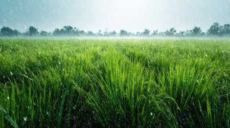 A panoramic wide view of Rice paddy field growing closely together under light drizzle soft raindrops on leaves ultra realistic photography natural daylight cinematic wide composition lifelike natural sceneの写真素材