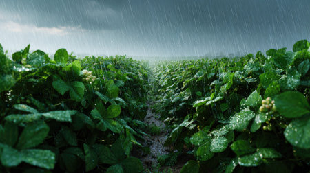 A panoramic wide view of Peanut field growing closely together under light drizzle soft raindrops on...