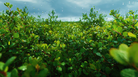 A panoramic wide view of Saskatoon berry field growing closely together under light drizzle soft...