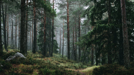 A panoramic wide view of Scots pine forest growing closely together under light drizzle soft...