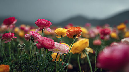 A panoramic wide view of Ranunculus field growing closely together under light drizzle soft...