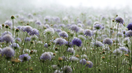 A panoramic wide view of Scabiosa field growing closely together under light drizzle soft raindrops on leaves ultra realistic photography natural daylight cinematic wide composition lifelike natural sceneの写真素材