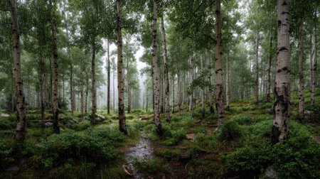 A panoramic wide view of River birch forest growing closely together under light drizzle soft...