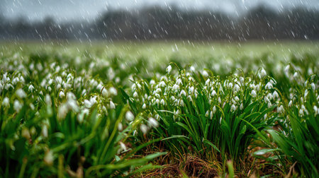 A panoramic wide view of Snowdrop field growing closely together under light drizzle soft raindrops...