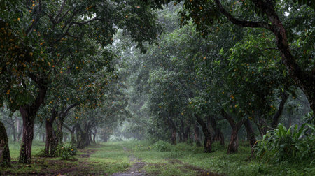 A panoramic wide view of Santol field growing closely together under light drizzle soft raindrops on...