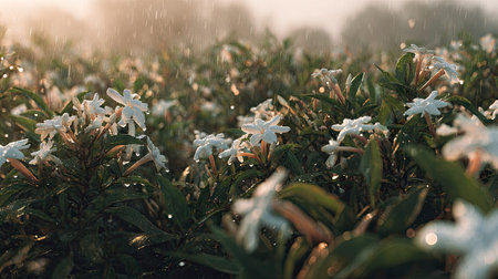 A panoramic wide view of Stephanotis field growing closely together under light drizzle soft...