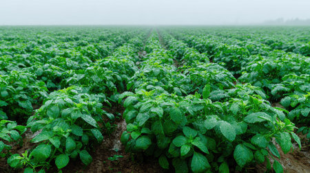 A panoramic wide view of potato field growing closely together under light drizzle soft raindrops on...