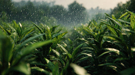A panoramic wide view of Spondias field growing closely together under light drizzle soft raindrops...
