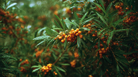 A panoramic wide view of Sea buckthorn field growing closely together under light drizzle soft...