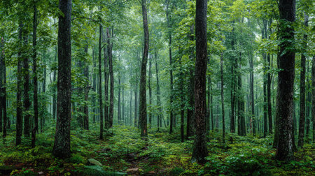 A panoramic wide view of Silver maple forest growing closely together under light drizzle soft...