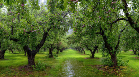 A panoramic wide view of Crabapple orchard growing closely together under light drizzle soft raindrops on leaves ultra realistic photography natural daylight cinematic wide composition lifelike natural sceneの写真素材