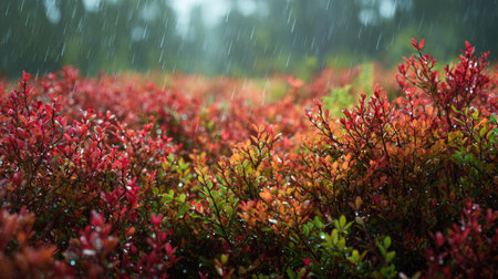 A panoramic wide view of Barberry field growing closely together under light drizzle soft raindrops on leaves ultra realistic photography natural daylight cinematic wide composition lifelike natural sceneの写真素材