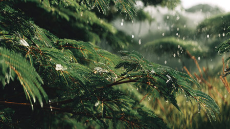 A panoramic wide view of Acacia field growing closely together under light drizzle soft raindrops on leaves ultra realistic photography natural daylight cinematic wide composition lifelike natural sceneの写真素材