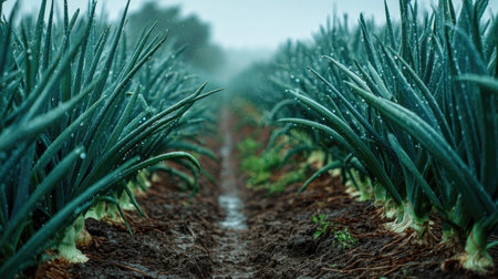 A panoramic wide view of Pickling onion field growing closely together under light drizzle soft raindrops on leaves ultra realistic photography natural daylight cinematic wide composition lifelike natural sceneの写真素材