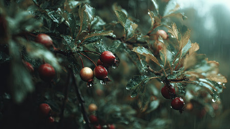 A panoramic wide view of Hawthorn field growing closely together under light drizzle soft raindrops on leaves ultra realistic photography natural daylight cinematic wide composition lifelike natural sceneの写真素材